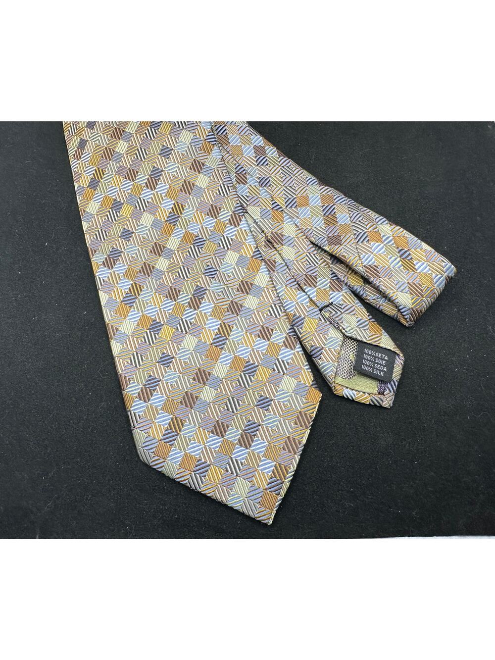 Valerio Garati 100% Silk Tie in Geometric Square Pattern in Brown Purple & Gold